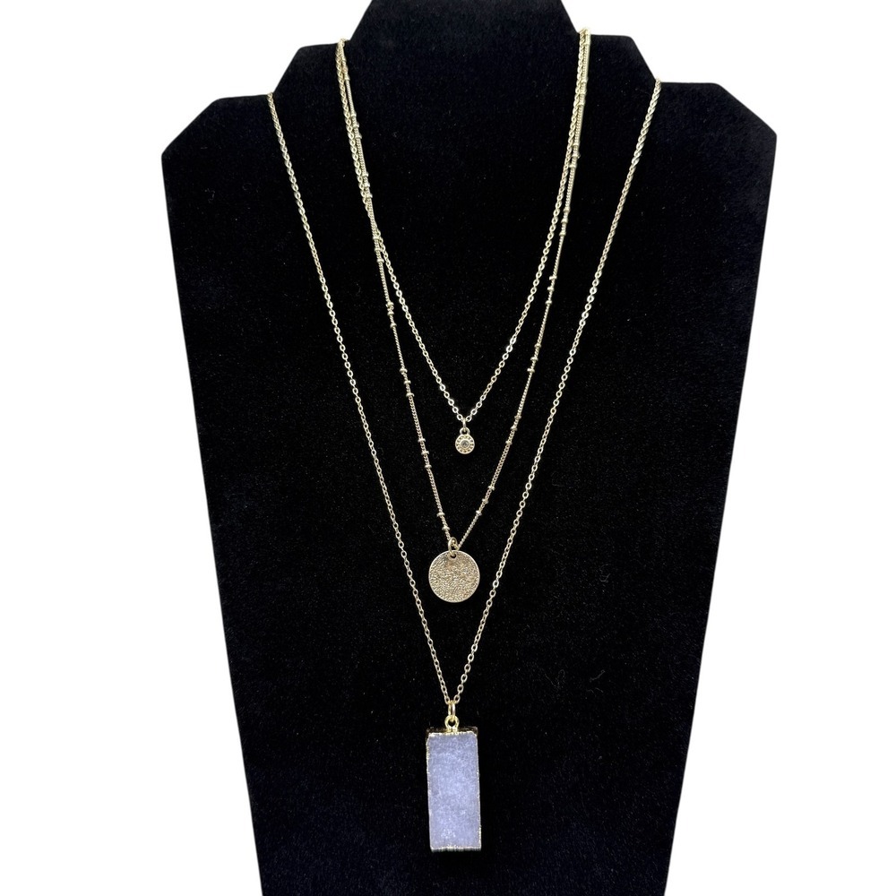 Layered Gold Tone Necklace Purple Crystal Druzy Pendant Satellite Chain Jewelry - Picture 6 of 6